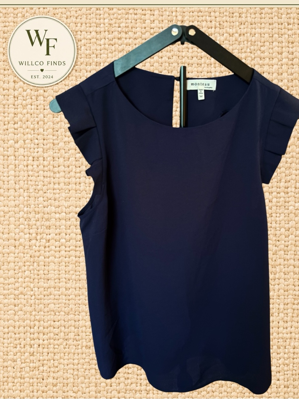 Monteau Los Angeles Navy Ruffle Sleeve Crepe Blouse Top Medium Style 27849